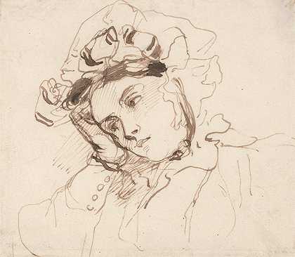 研究一个头戴在手上的女人`Study of a Woman with her Head on her Hand by Richard Parkes Bonington