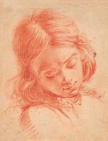 一个男孩俯视的半身像`Bust of a boy looking down (1616 – 1686) by Carlo Dolci
