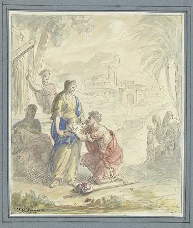 Rebecca和Eliezer在源头`Rebekka en Eliëzer aan de bron (1677 ~ 1755) by Elias van Nijmegen