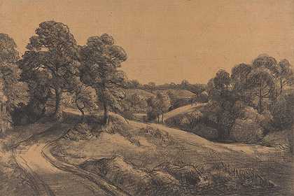 树木繁茂的山坡上有一条后退的路`Wooded Slope with a Receding Road (ca. 1805) by John Constable