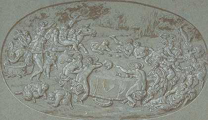 迈达斯国王在西勒诺斯到来时大吃大喝`King Midas Feasting At The Arrival of Silenus (late 17th–early 18th century) by Circle of Bernard Picart