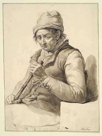 拿着棍子坐着的男人`Seated Man with Stick (19th century) by Abraham Van Strij