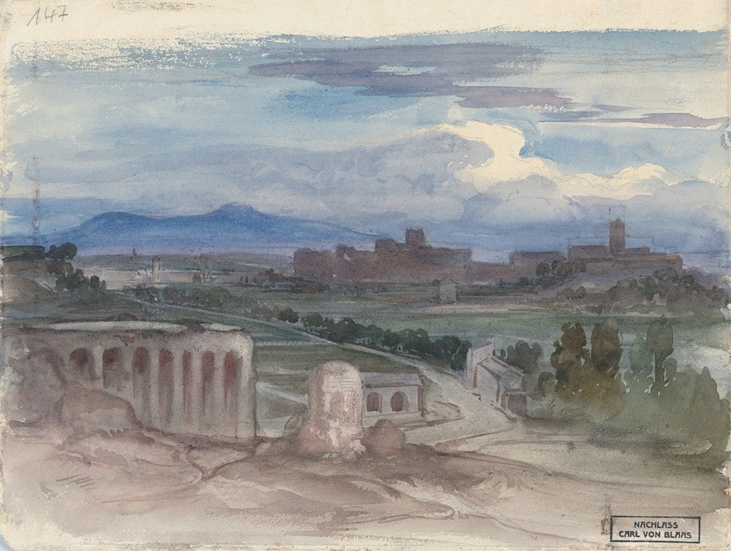 带水道的罗马平原景观`View of the Roman Campagna with an Aquaduct (mid~19th century) by Karl von Blaas