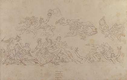 海王星和四大洲寓言的天花板装饰设计`Design for a Ceiling Decoration with Neptune and Allegories of the Four Continents (1646–1712) by Pietro Dandini