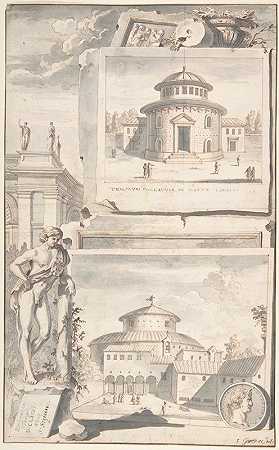 科埃利奥山迪沃斯·克劳迪斯神庙的重建图（上图）和废墟景观（下图）`A Reconstruction of the Temple of Divus Claudius in Monte Coelio (above) and a View of the Ruins (below) (before 1704) by Jan Goeree