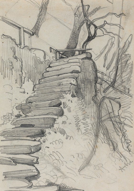 花园里的石阶`Flight of Stone Steps in a Garden by Adolph Menzel