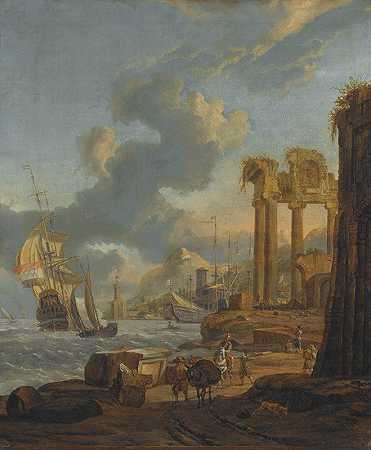 地中海港口的一幕，岸上有游客，左边是一位荷兰军人`A Mediterranean Harbour Scene With Travellers On The Shore, A Dutch Man~Of~War On The Left (1677) by Abraham Storck