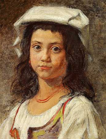 一位戴着白色头饰的意大利年轻女子`En ung italienerinde med hvidt hovedklæde by Wilhelm Marstrand