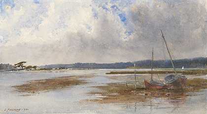 搁浅船只的河景`River Scene with Stranded Boats (1890) by Charles Parsons