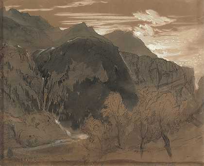 山地景观。`Mountainous Landscape. by John Ruskin