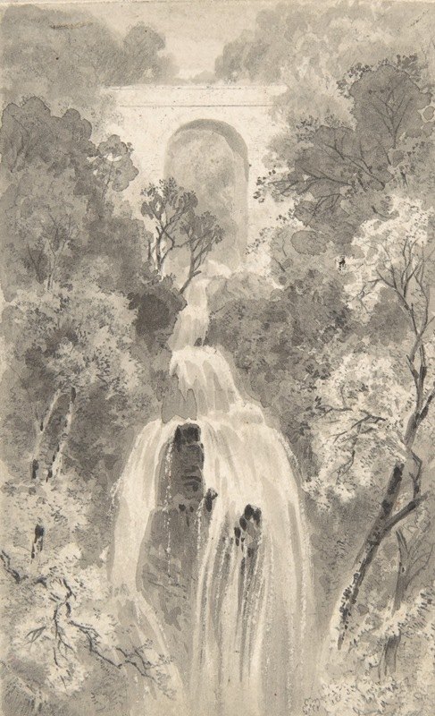 瀑布景观`View of a Waterfall (1820–70) by David Octavius Hill