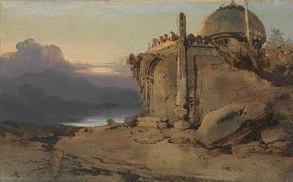 寺庙的废墟，日落`Ruins of a Temple, Sunset by George Chinnery