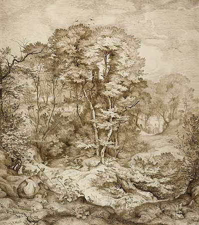 森林教堂景观`Landscape with Forest Chapel (1847) by Heinrich Johann Gärtner