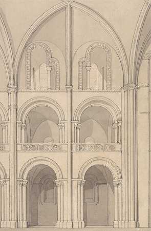 诺曼底卡昂圣史蒂芬修道院教堂部分立面透景观`Perspective Elevation of Part of the Abbey Church of Saint Stephen at Caen, Normandy (1818) by John Sell Cotman