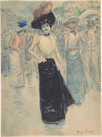 拥挤街道上的巴黎人`A Parisienne on a Crowded Street (1844–1907) by Henri Somm