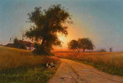 在一个夏末今天晚上，乌克兰`On a Late Summers Evening, Ukraine (1888) by Iosif Evstafevich Krachkovsky