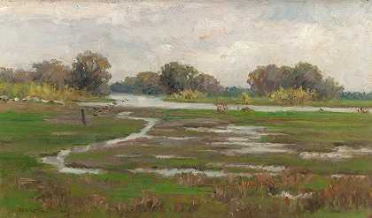 有沼泽的河流景观`River Landscape with Marshes (circa 1890) by Alice Marion Curtis