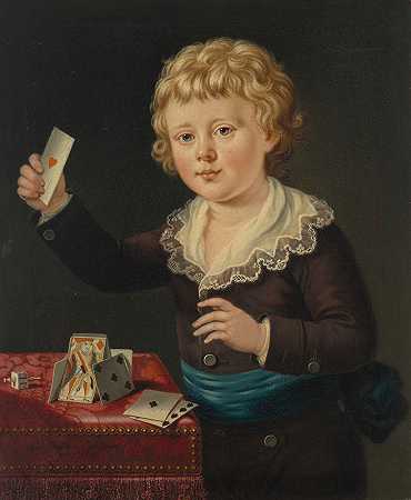 一个小男孩玩纸牌屋的画像`Portrait of a young boy playing with a house of cards (1781) by Sir George Chalmers