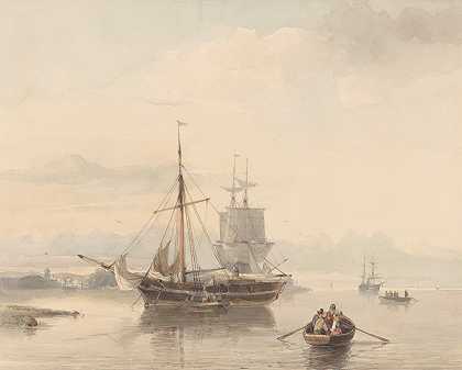 有单桅帆船和帆船的河流景观`Rivierlandschap met sloepen en zeilschepen (1847) by Johan Adolph Rust