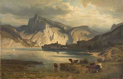 湖景`Landscape with a Lake by August Schaeffer von Wienwald