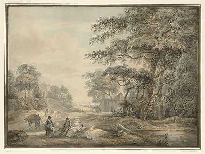 旅行者们在一片树林中停了下来`Travellers Halted in a Wooded Landscape (1735 ~ 1809) by Paul Sandby
