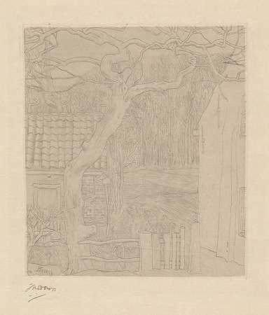 森林边缘两栋房子附近的一棵树`Boom bij twee huizen aan een bosrand (1897) by Jan Toorop