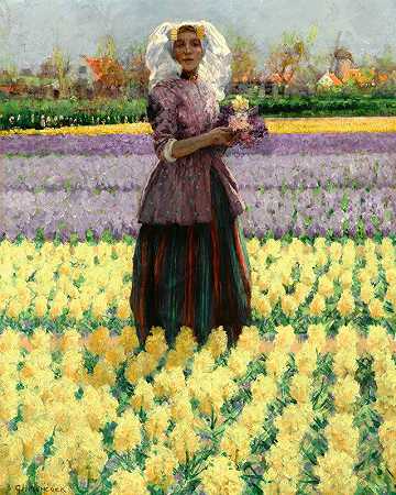 风信子地里的女人`Woman in a Field of Hyacinths by George Hitchcock