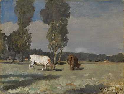 有牛的法国风景`French Landscape with Cattle (1881) by Christian Skredsvig