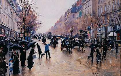 雨中的鱼大道`Le boulevard Poissonière sous la pluie (1880) by Jean Béraud