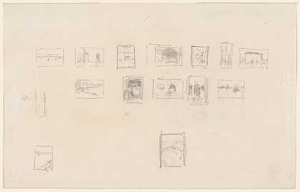 惠斯勒第一套威尼斯布景的选择和安排草图`Sketch for the Selection and Arrangement of Whistler’s First Venice Set (ca. 1879–1880) by James Abbott McNeill Whistler