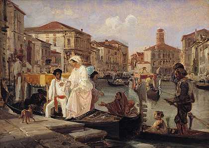 从威尼斯的平底船上下来`Alighting from a Gondola in Venice (1852 – 1855) by Wilhelm Marstrand