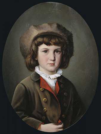 一个穿着绿色夹克、戴着毛皮帽子的男孩的肖像`Bildnis eines Jungen in grüner Jacke mit Pelzmütze (1874) by Anton Ebert