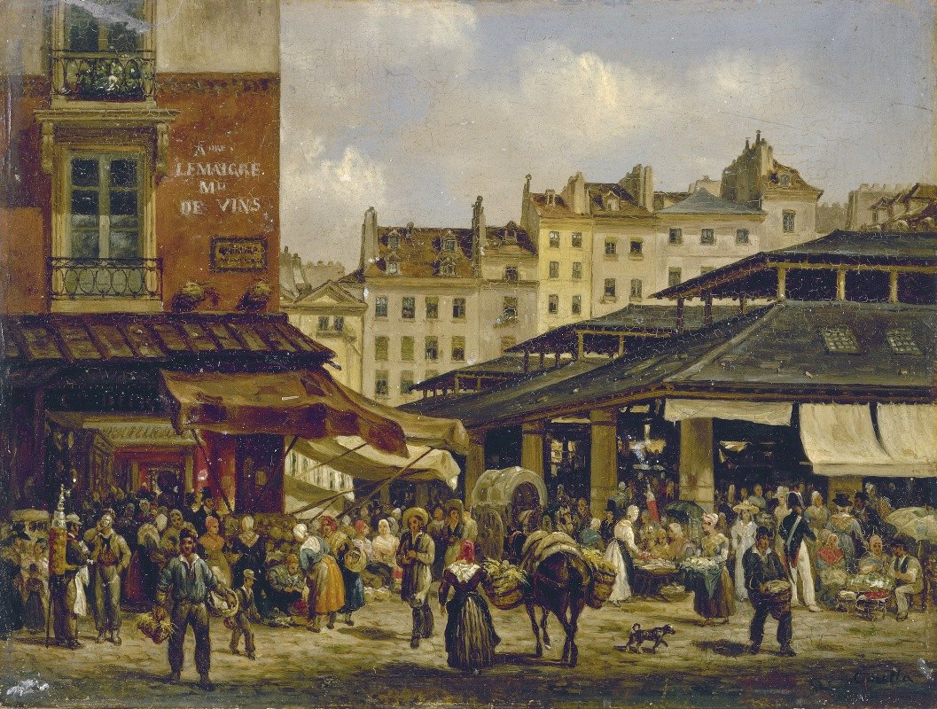 大厅和桶街`Les Halles et la rue de la Tonnellerie (1828) by Giuseppe Canella