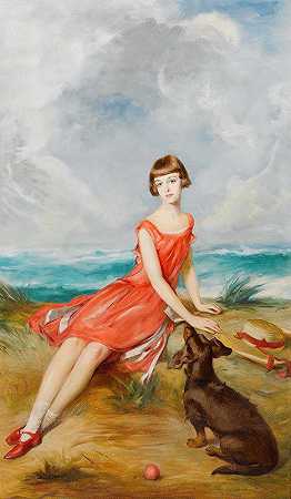 一个年轻女孩和她的狗在海边的肖像`Portrait Of A Young Girl With Her Dog By The Sea by Adolf Pirsch