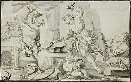 火神为阿喀琉斯制造武器，而维纳斯和丘比特则在一旁观看`Vulcan Making Arms for Achilles, while Venus and Cupid Look On by Abraham Drentwett the Elder