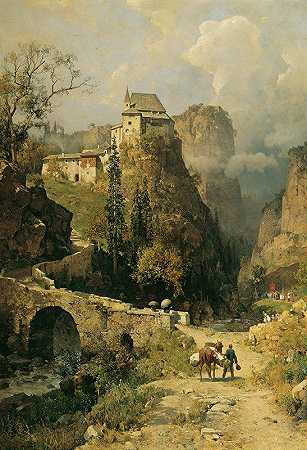 瓦尔迪农附近的圣罗密欧峡谷和隐居地`Schlucht und Einsiedelei San Romedio bei Val di Non (1893) by Robert Russ