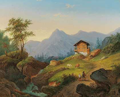 有徒步旅行者的山地景观`Gebirgslandschaft mit Wanderern (1867) by Matthias Rudolf Toma