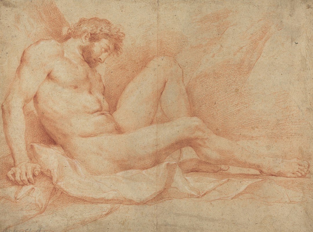 对坐着的男性进行的学术裸体研究`Academic Nude Study of a Seated Male by Andrea Sacchi