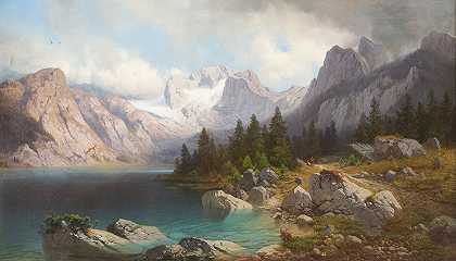 祖格斯皮茨山和艾布西湖景观`View on mount Zugspitze and lake Eibsee by Carl Millner