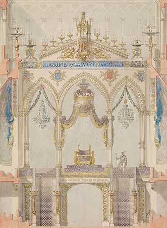 兰斯大教堂的屋内立面图，带有路德屏风和国王路易十八加冕礼的王座`Interior Elevation of Reims Cathedral with the Rood Screen and Throne for the Coronation of King Louis XVIII (1815) by Charles Percier