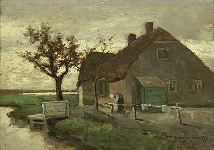运河上的农舍`Boerenhuis aan een vaart (1870 ~ 1903) by Johan Hendrik Weissenbruch