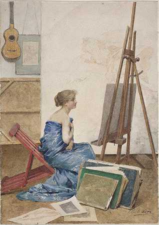 画家s工作室，模特裹着日本丝绸`A Painters Studio with a Model Wrapped in Japanese Silk (1890s) by Louis Emile Adan