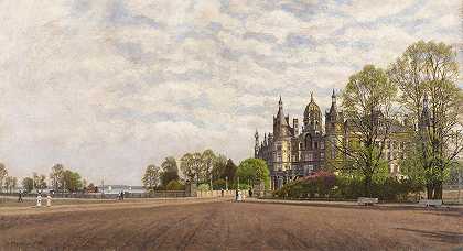 施沃林城堡景观`Blick auf Schloss Schwerin (1912) by Carl Malchin