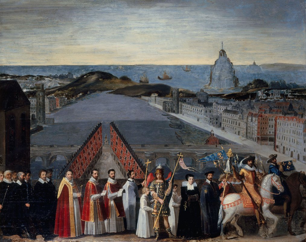 巴黎圣米歇尔杜蒙特朝圣者兄弟会在新桥上游行，现为第一区`Procession de la confrérie parisienne des pélerins de Saint~Michel~du~Mont sur le Pont~Neuf, actuel 1er arrondissement (1610 ~ 1620)