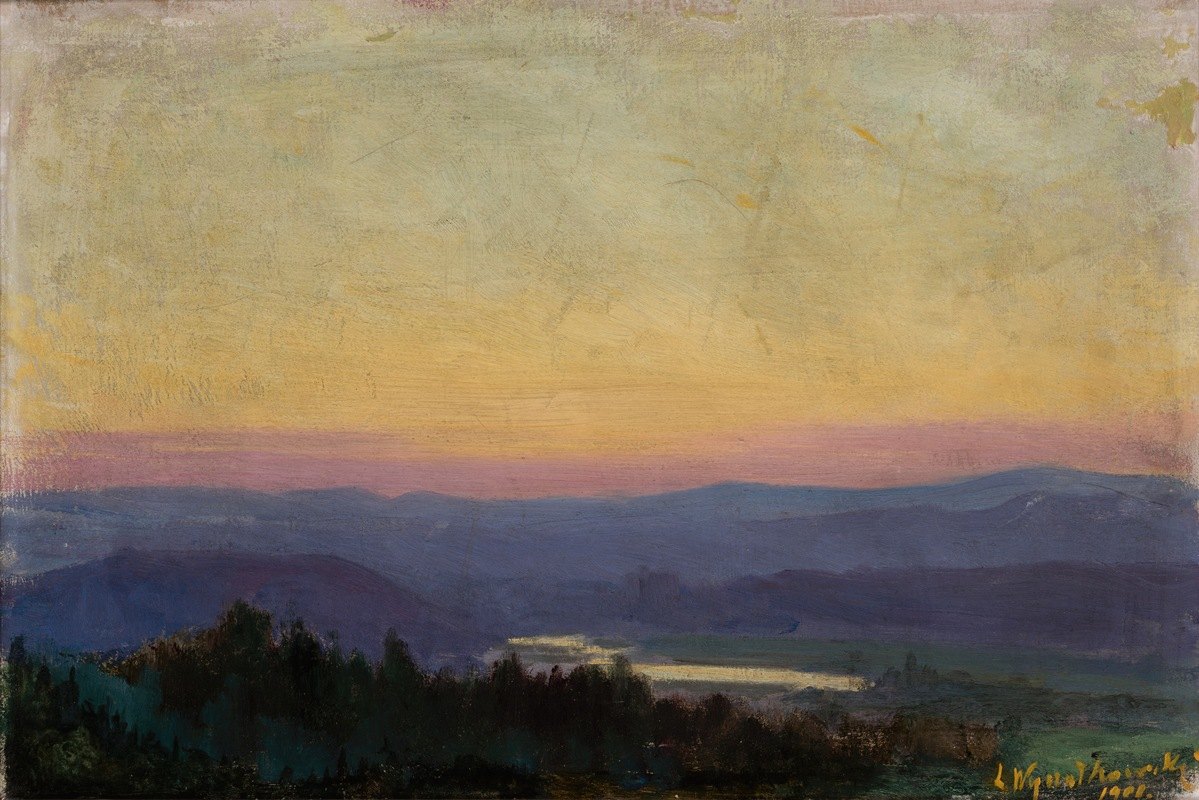 日落时泰涅克附近的维斯图拉`The Vistula near Tyniec at Sunset (1901) by Leon Wyczółkowski