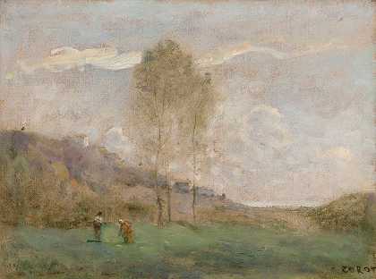 景观秋季接近一根肋骨，有两个角色`Paysage Dautomne Près Dune Côte, Avec Deux Personnages by Jean-Baptiste-Camille Corot