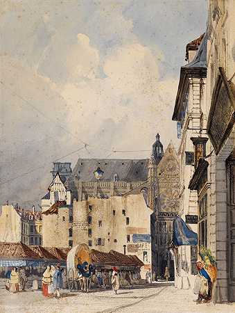 普罗维尔街和圣尤斯塔切教堂`La rue des Prouvaires et léglise Saint~Eustache (19th century) by Thomas Shotter Boys
