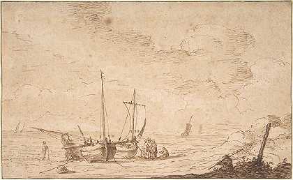 有船的海滩景色`Beach Scene with Boats by Pieter Mulier the Elder