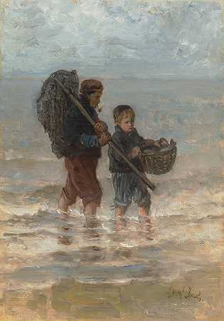 两个孩子涉水`Two Children Wading by Jozef Israëls