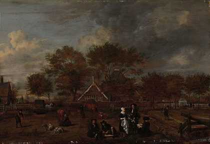 农庄，前景是绅士农场主和他的妻子以及画家`Farmstead with the Gentleman Farmer and his Wife and the Painter in the foreground (1650 ~ 1680) by Jan Pietersz Opperdoes